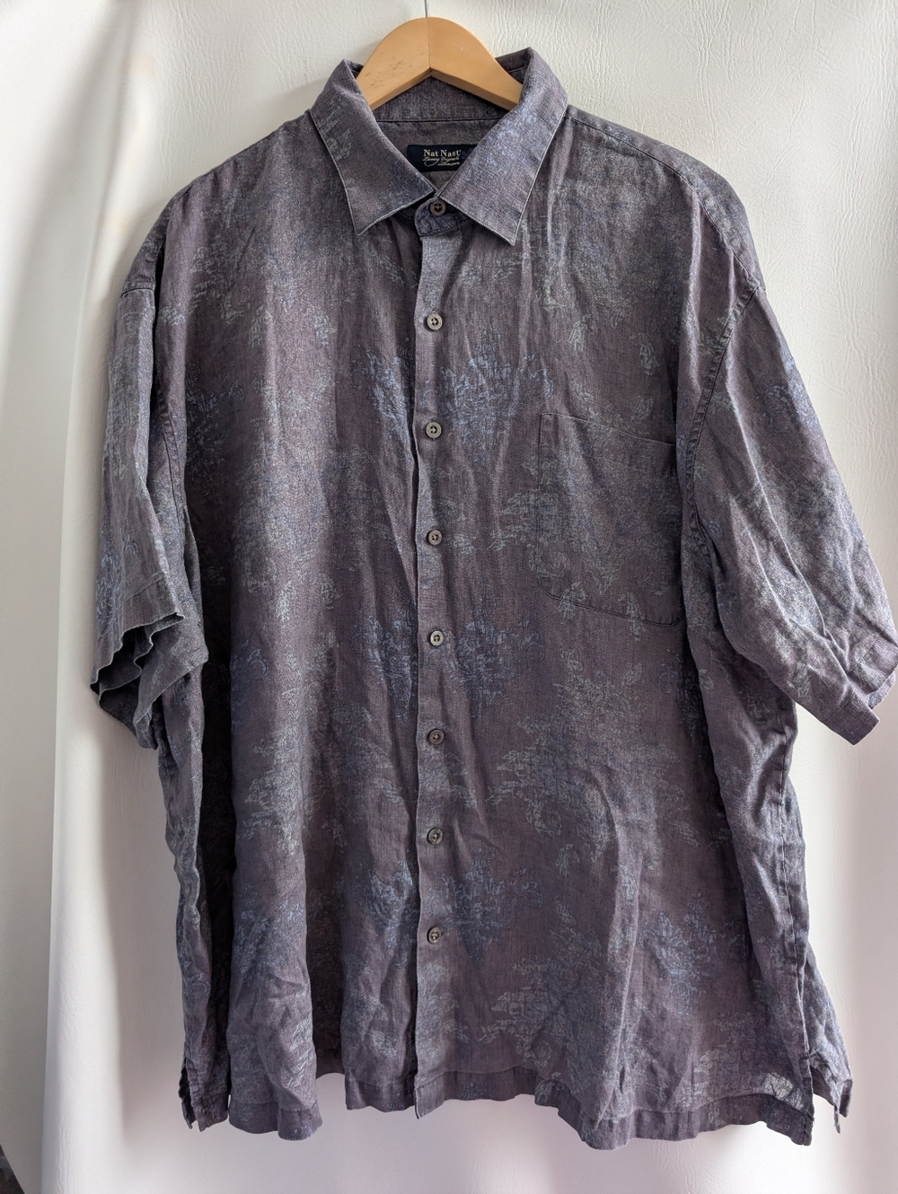 Nat Nast Men's Linen Short Sleeve Button Shirt - Gray with Faint Blue Pattern 3X